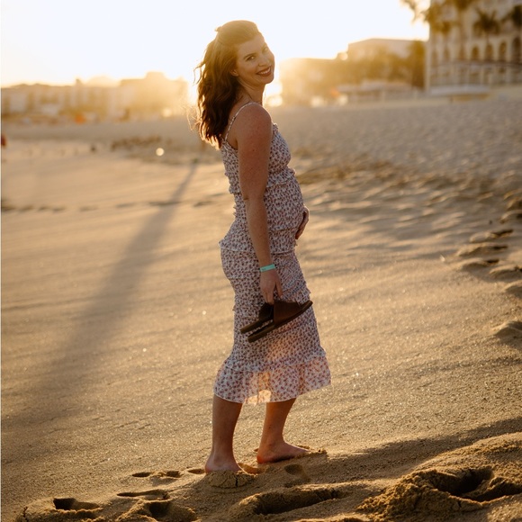 Pinkblush Dresses & Skirts - Pink Floral Chiffon Smocked Tiered Square Neck Maternity Midi Dress